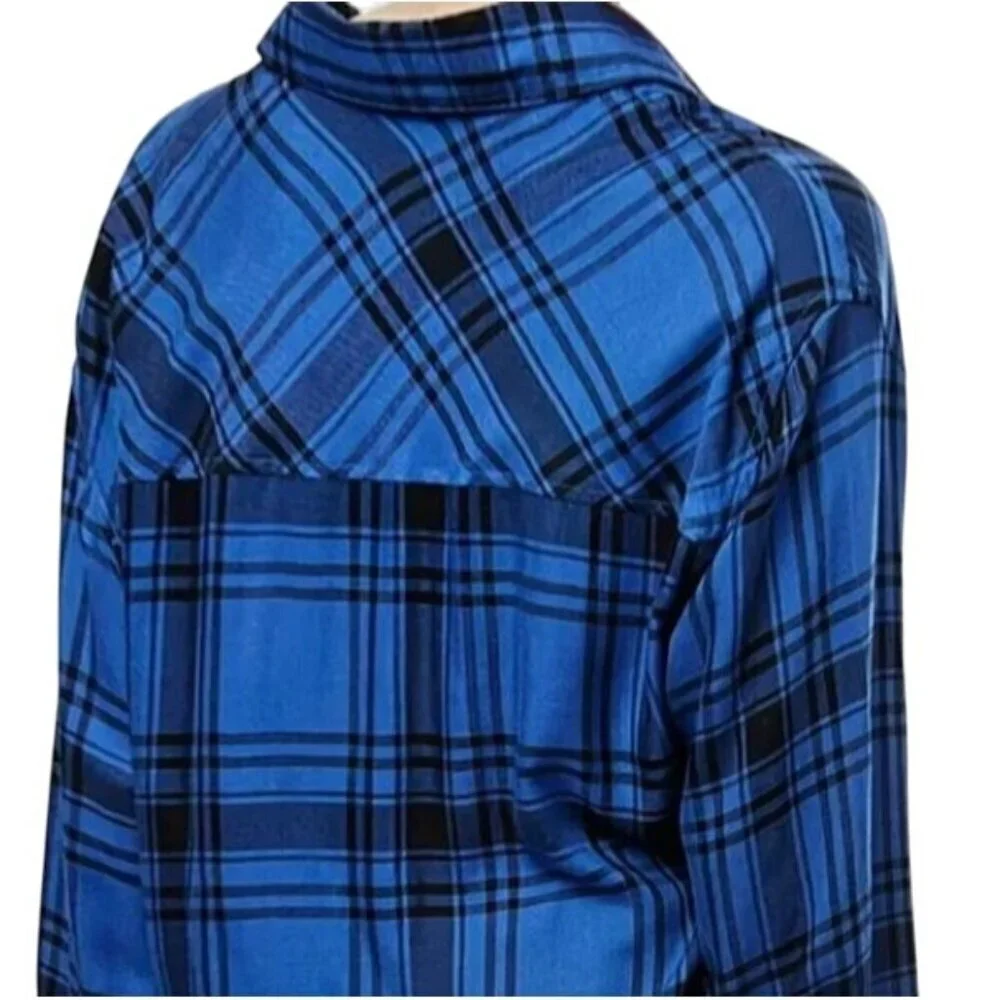 Plaid Blue Boyfriend Shirt Flannel Oversized Fit Long Sleeve Button-Down Pockets - Picture 2 of 4